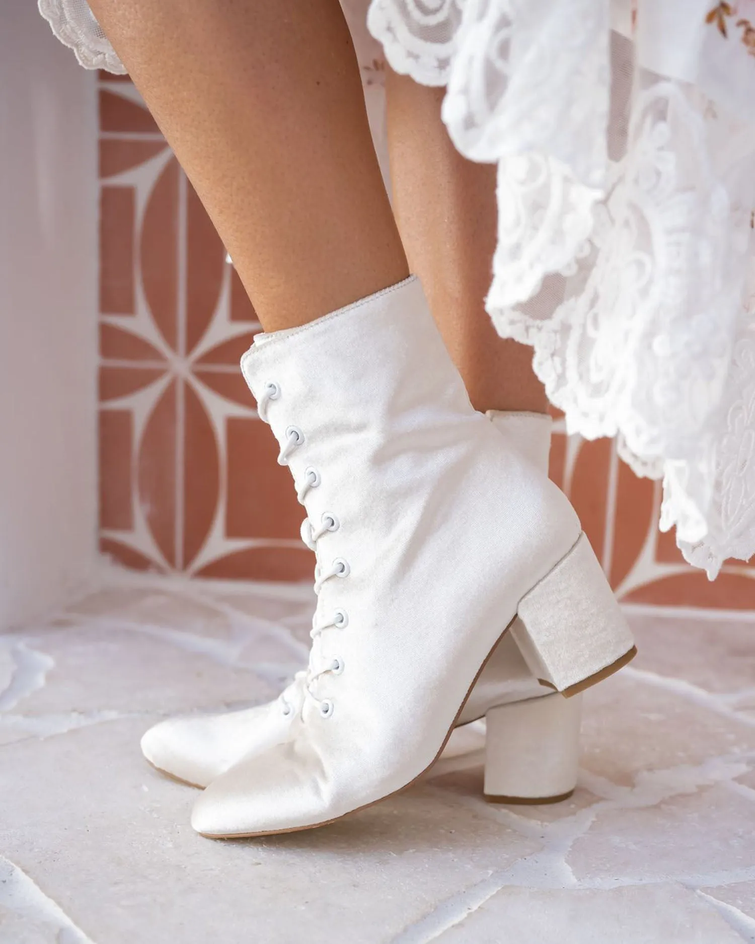 ACE - IVORY VELVET LACE UP BRIDAL BOOTS - FINAL SALE