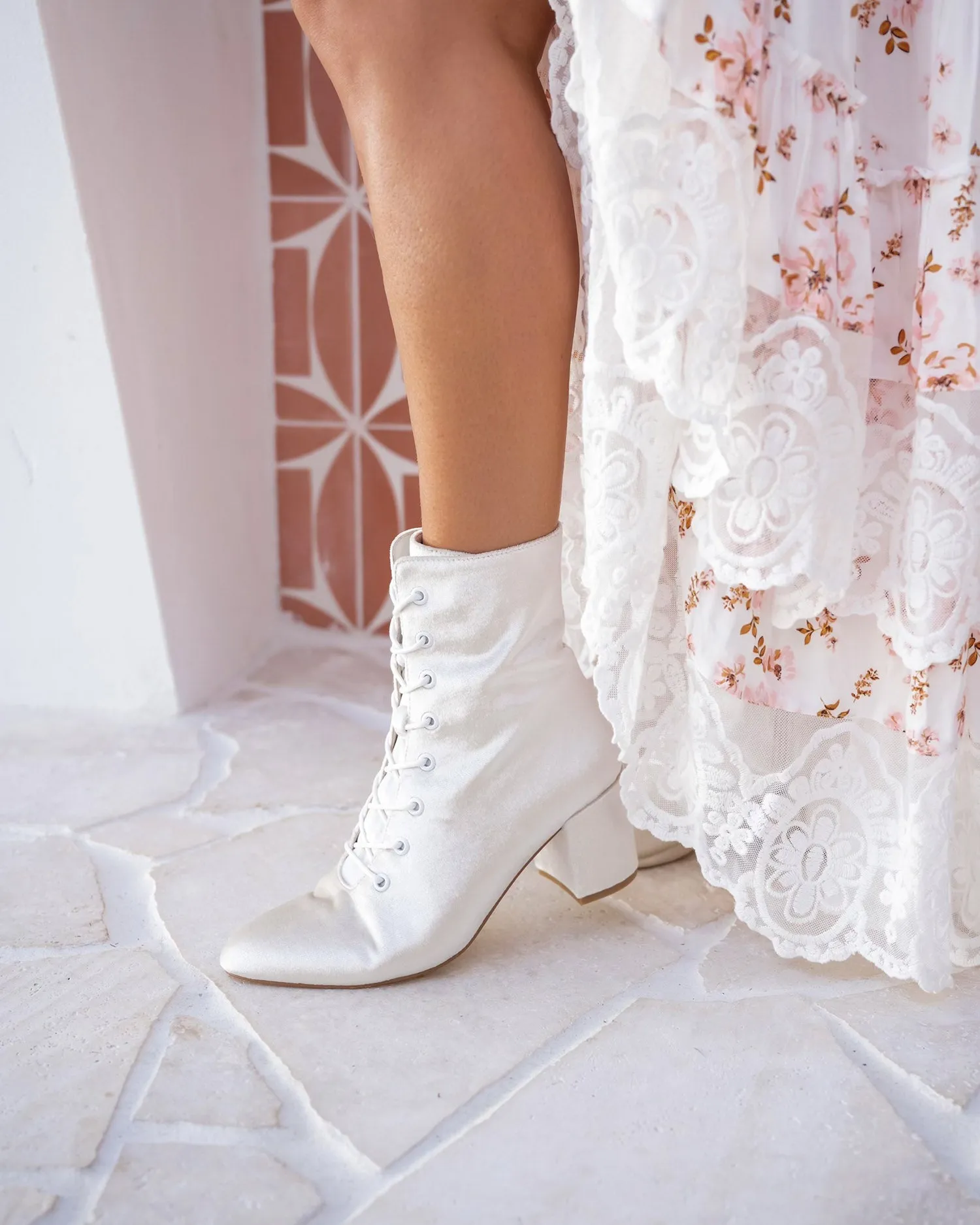 ACE - IVORY VELVET LACE UP BRIDAL BOOTS - FINAL SALE