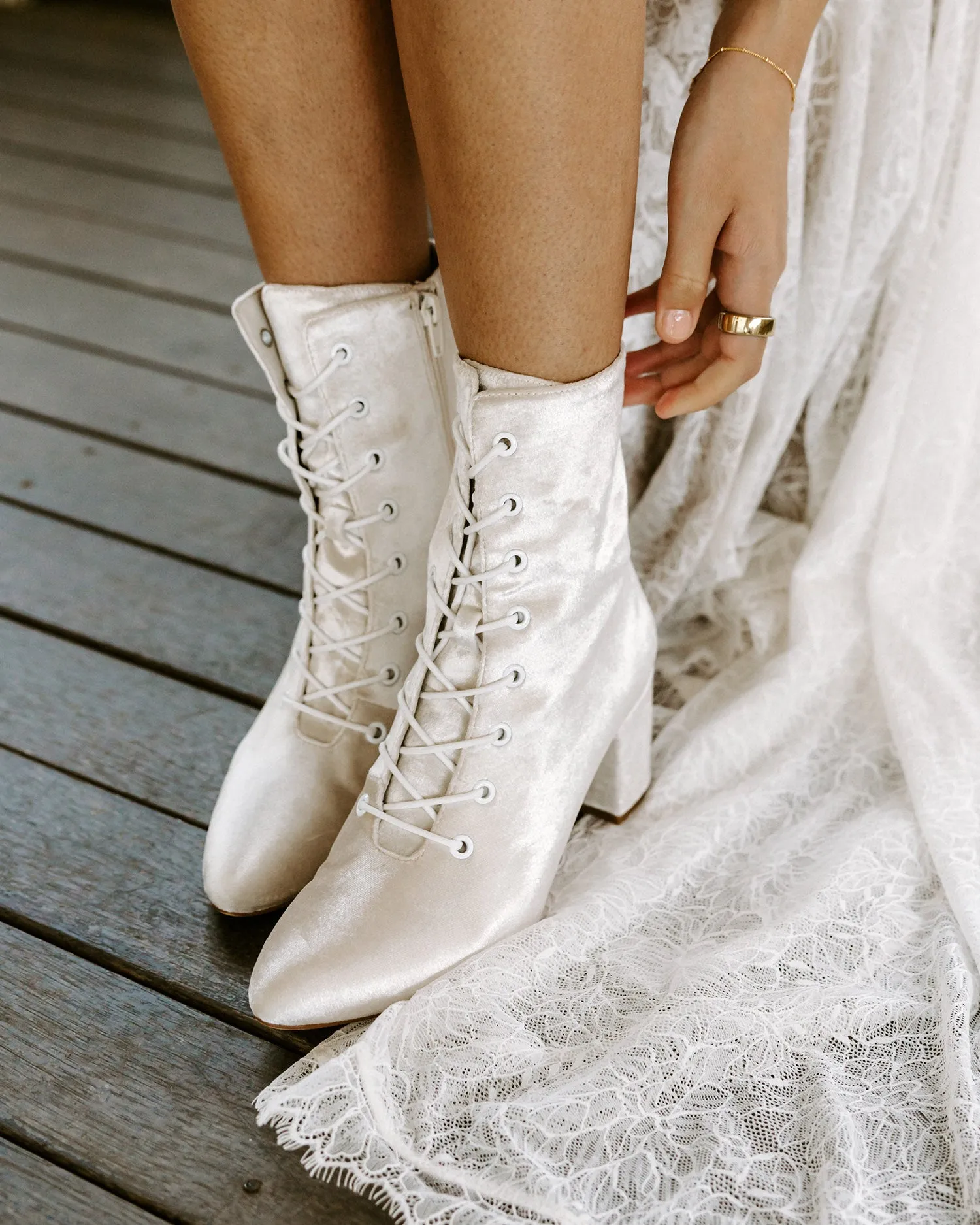 ACE - IVORY VELVET LACE UP BRIDAL BOOTS - FINAL SALE