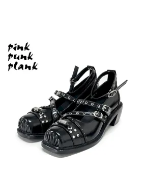 Black Punk Pig Nose Square Toe Studded Mary Jane Single Shoes【s0000006662】