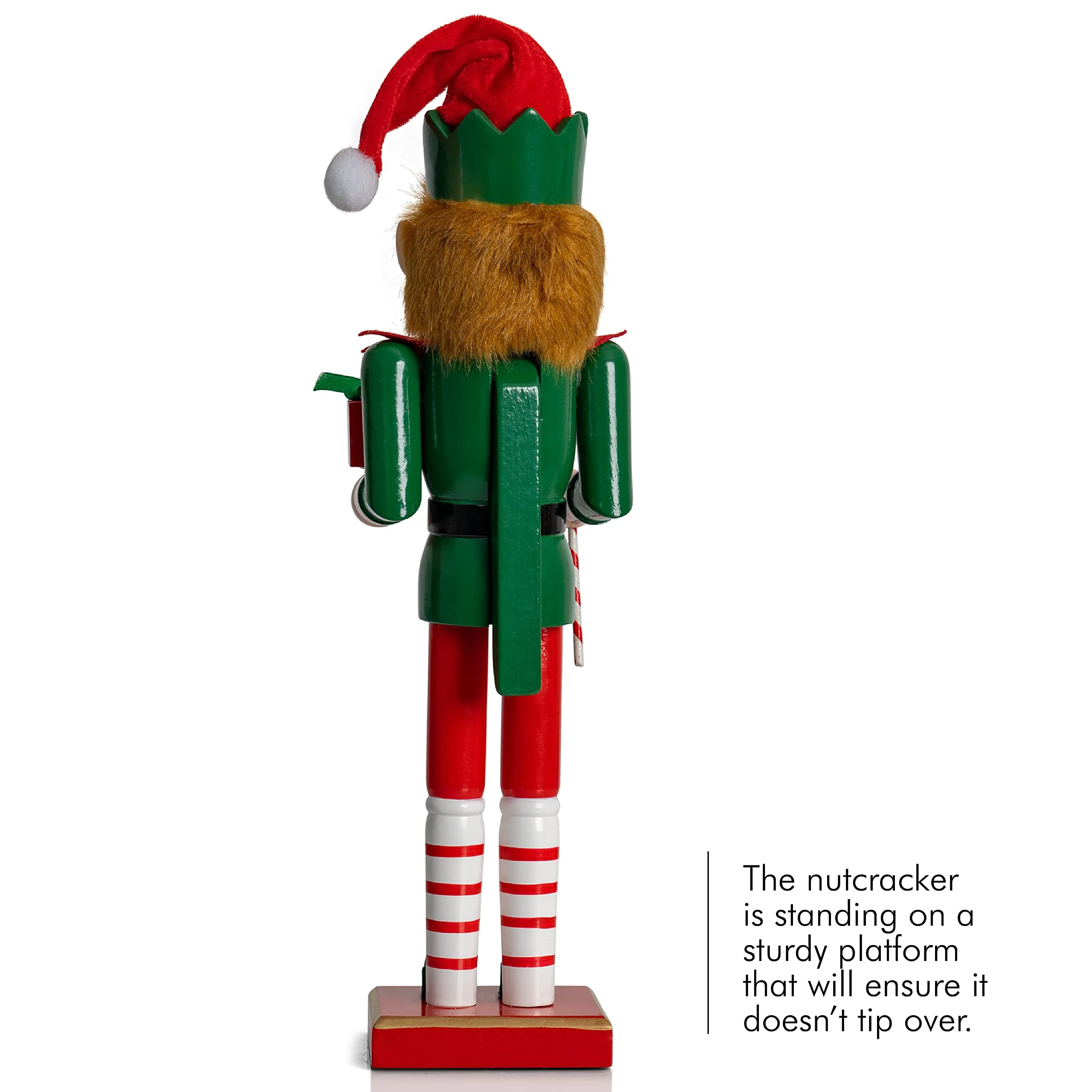 Christmas Elf Holiday Nutcracker – Red and Green Wooden Elf with Candy Cane and Gift Box Xmas Themed Holiday Nut Cracker Doll Figure Toy Decorations