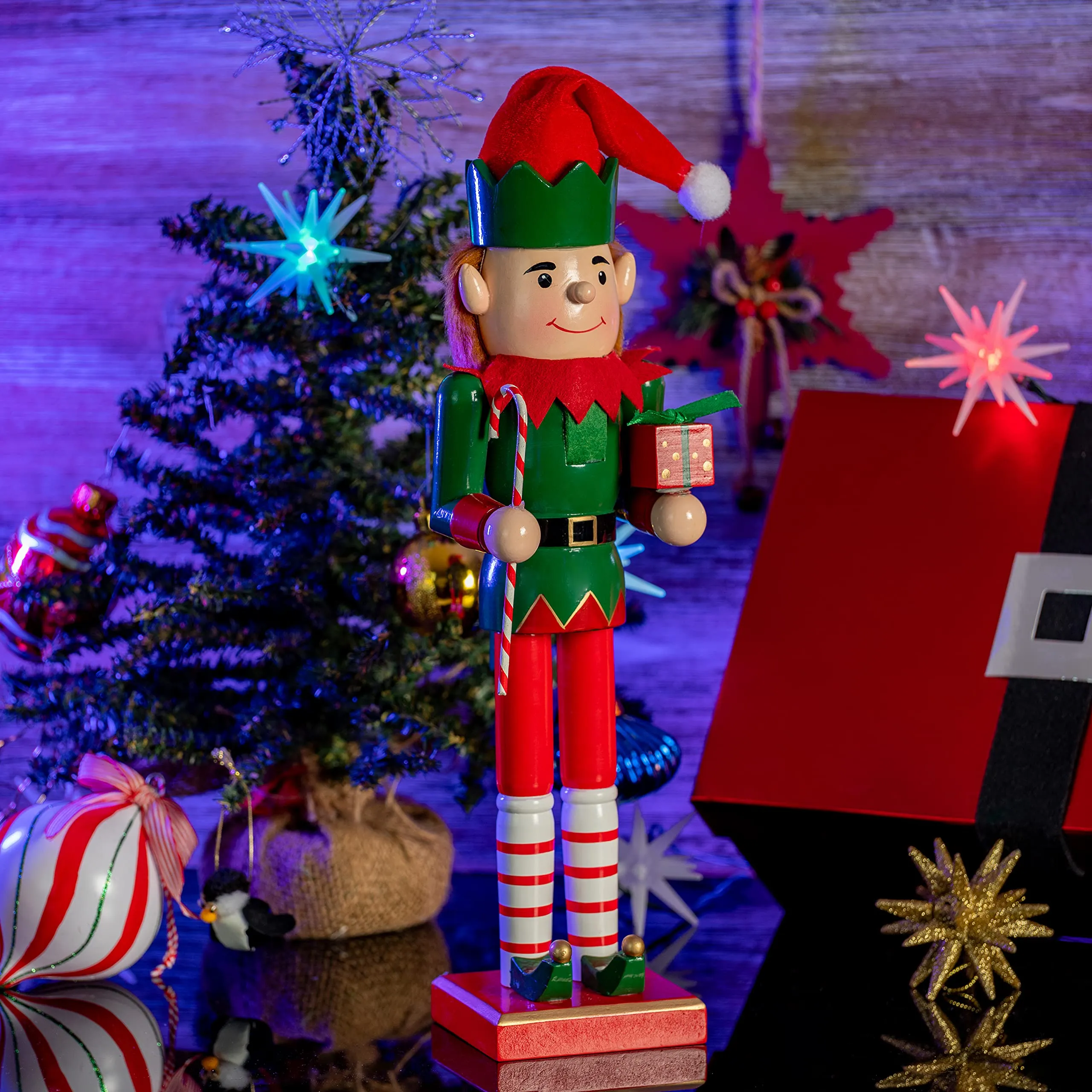 Christmas Elf Holiday Nutcracker – Red and Green Wooden Elf with Candy Cane and Gift Box Xmas Themed Holiday Nut Cracker Doll Figure Toy Decorations