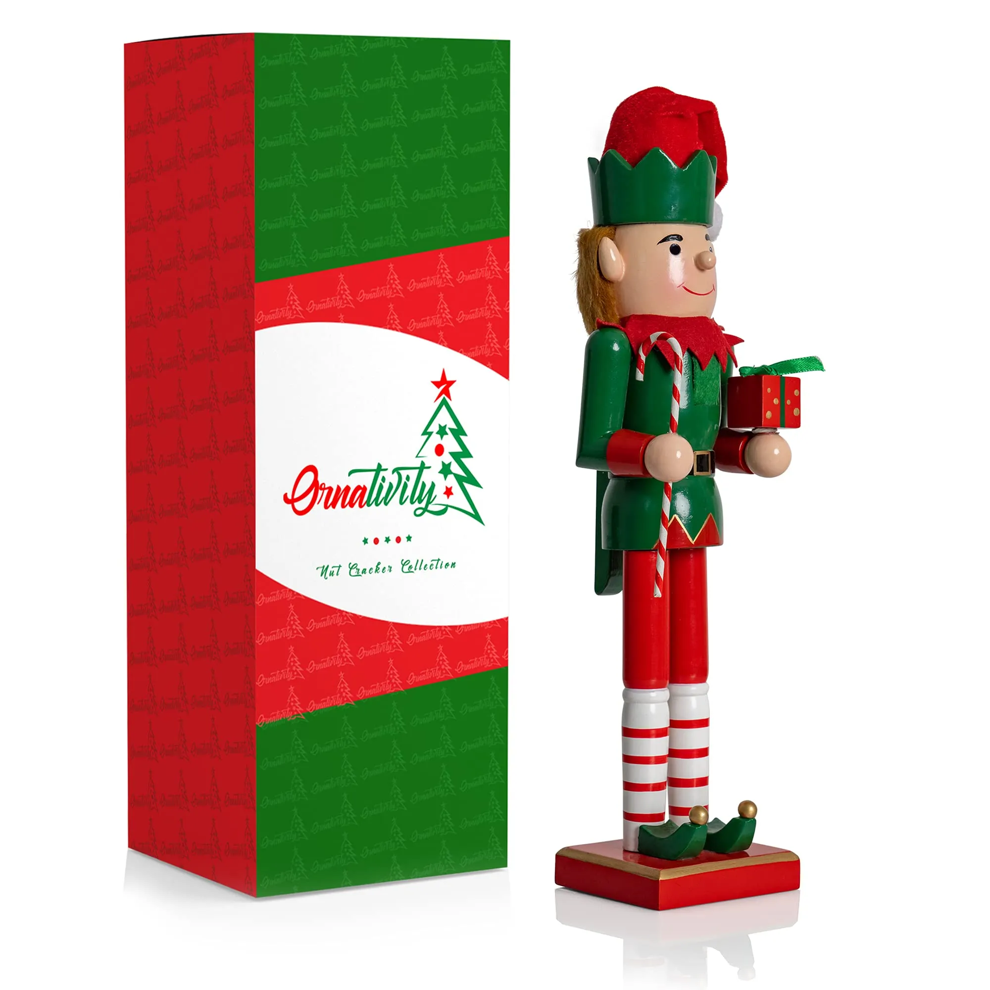 Christmas Elf Holiday Nutcracker – Red and Green Wooden Elf with Candy Cane and Gift Box Xmas Themed Holiday Nut Cracker Doll Figure Toy Decorations