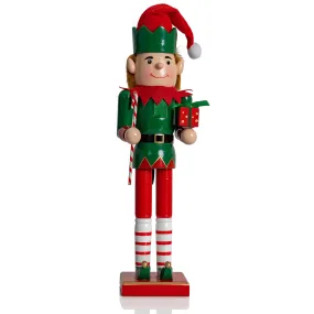 Christmas Elf Holiday Nutcracker – Red and Green Wooden Elf with Candy Cane and Gift Box Xmas Themed Holiday Nut Cracker Doll Figure Toy Decorations