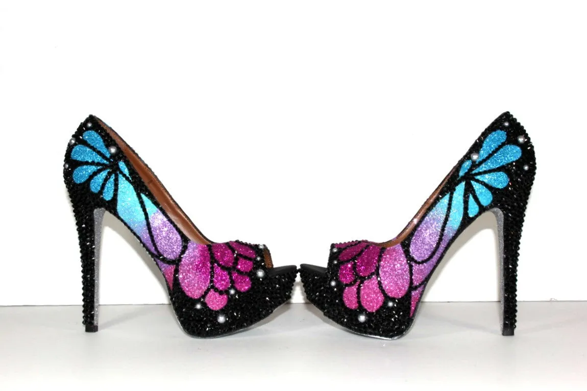 Ombre Crystal Butterfly Peep Toe Heels