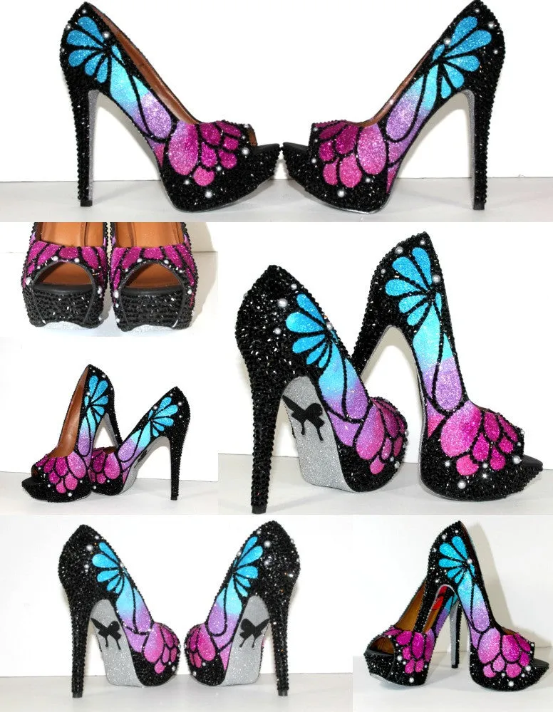 Ombre Crystal Butterfly Peep Toe Heels