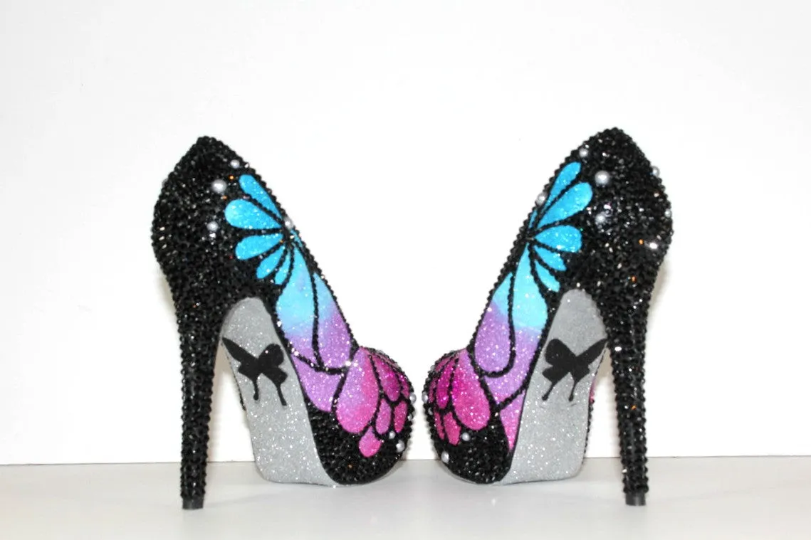 Ombre Crystal Butterfly Peep Toe Heels