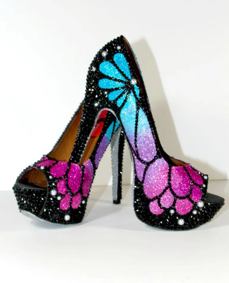 Ombre Crystal Butterfly Peep Toe Heels