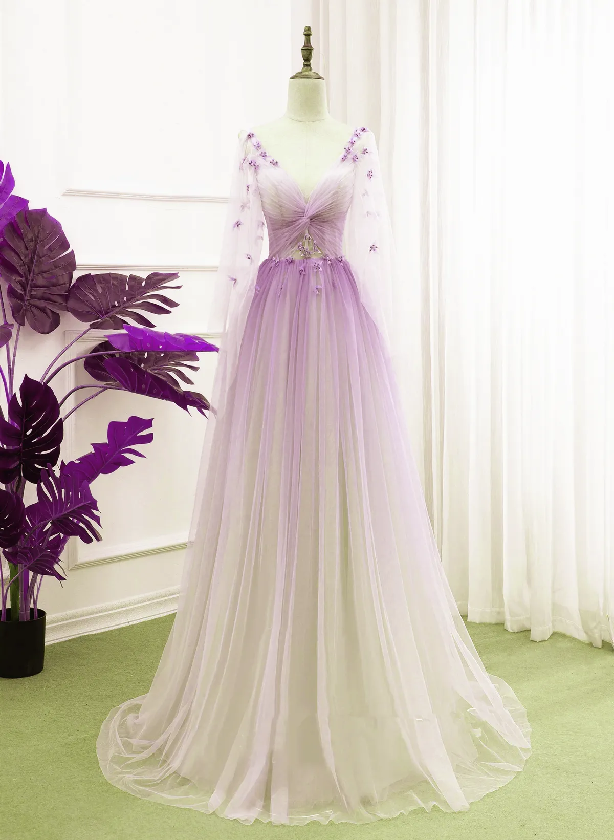 Solvbao Beautiful Purple Gradient Tulle Long Sleeves Party Dress, A-line Tulle Formal Dress