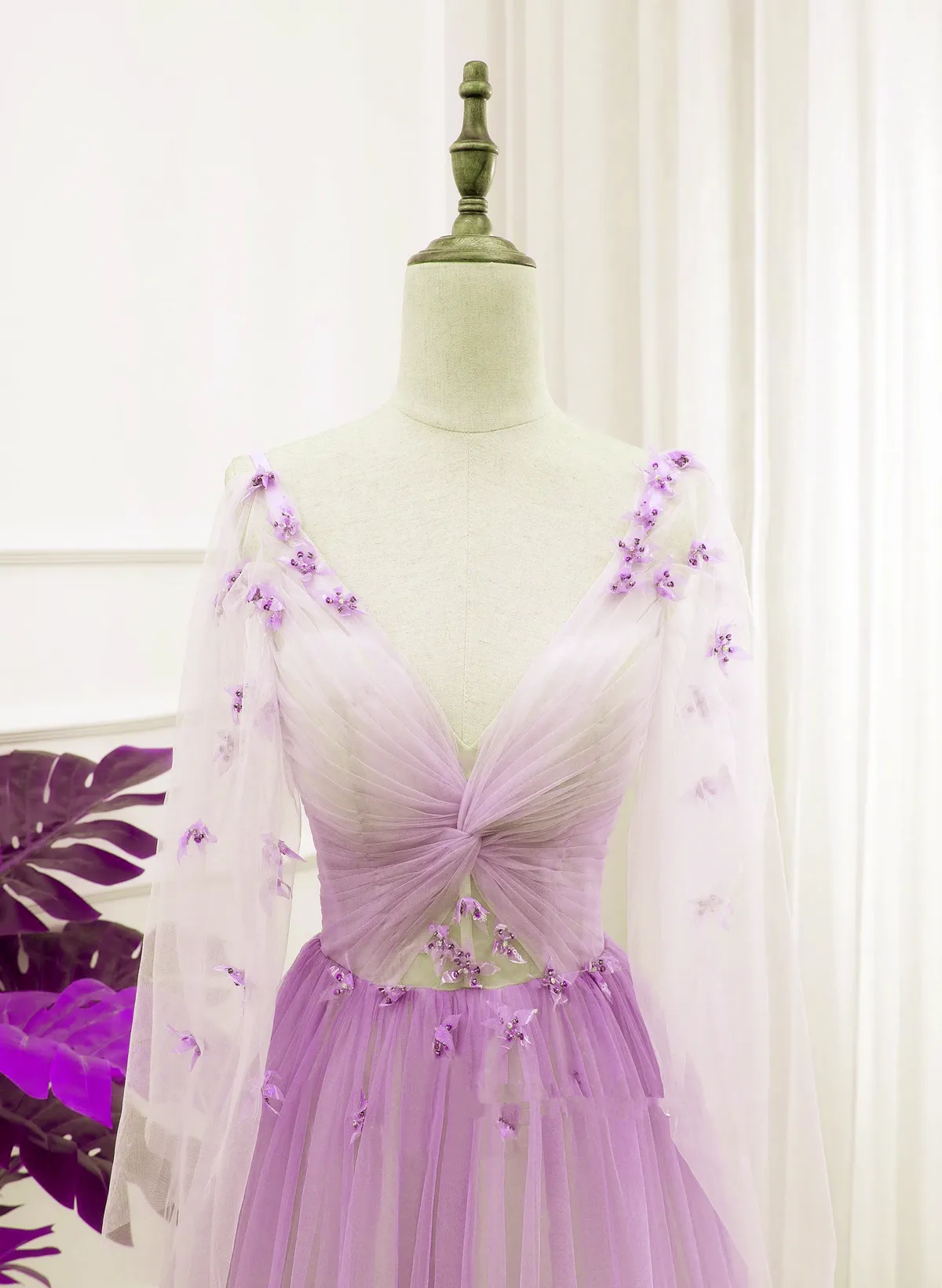 Solvbao Beautiful Purple Gradient Tulle Long Sleeves Party Dress, A-line Tulle Formal Dress