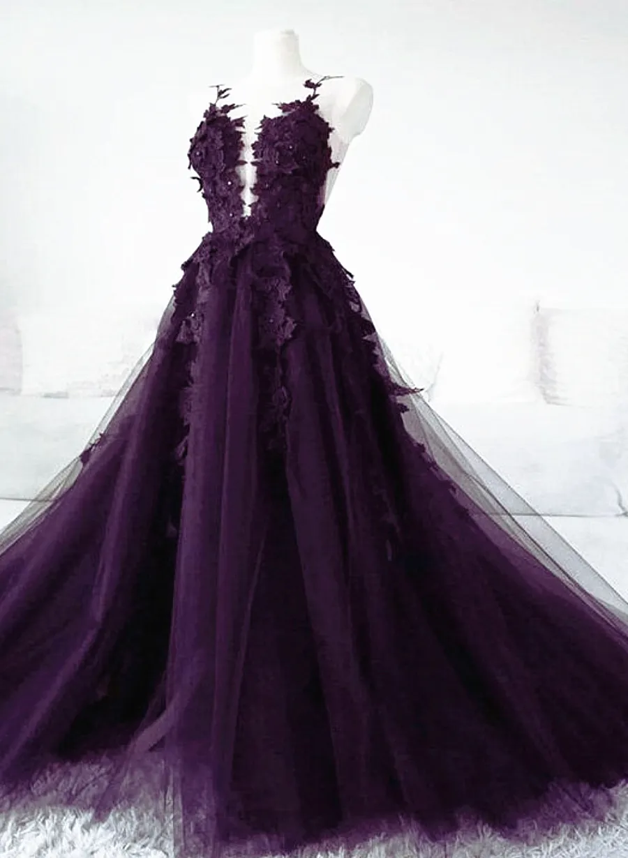 Solvbao Dark Purple Tulle with Lace Applique Long Wedding Party Dress, Purple Formal Dress