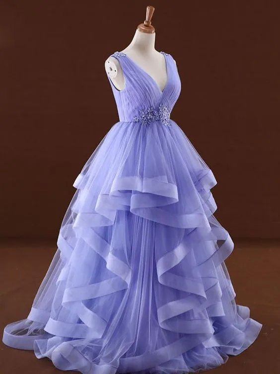 Solvbao Lavender Tulle V-neckline Layers Long Sweet 16 Dress, Light Purple Prom Dress Party Dress