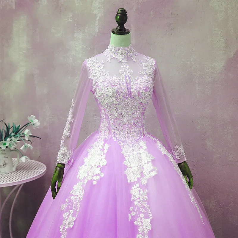 Solvbao Light Purple Tulle Long Sleeves Applique Sweet 16 Gown, Beautiful Evening Dress Formal Dress