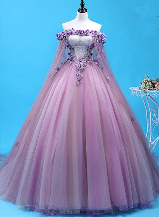 Solvbao Light Purple Tulle Long Sweet 16 Gown, Flowers Quinceanera Dress