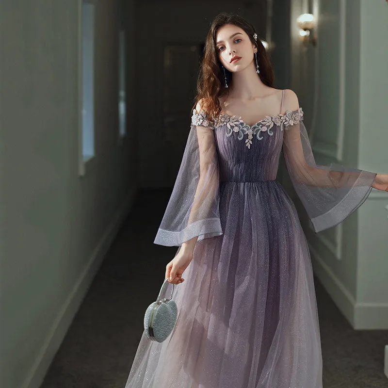 Solvbao Purple Gradient Tulle Long Sleeves Straps Prom Dress Party Dress, A-line Tulle Formal Dresses