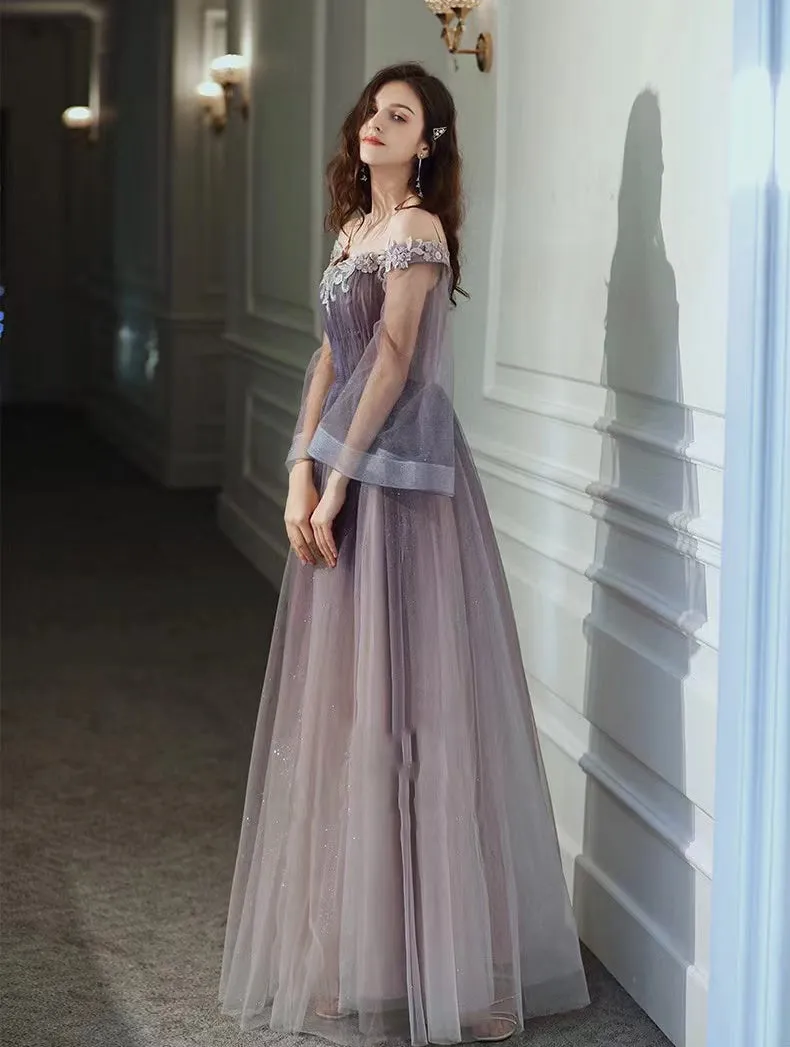 Solvbao Purple Gradient Tulle Long Sleeves Straps Prom Dress Party Dress, A-line Tulle Formal Dresses