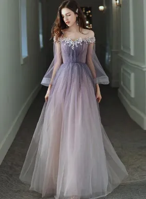 Solvbao Purple Gradient Tulle Long Sleeves Straps Prom Dress Party Dress, A-line Tulle Formal Dresses