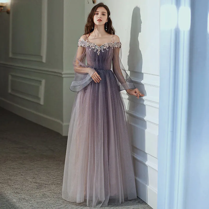 Solvbao Purple Gradient Tulle Long Sleeves Straps Prom Dress Party Dress, A-line Tulle Formal Dresses