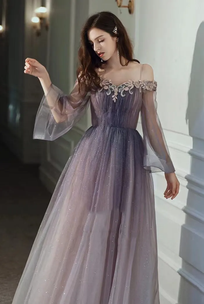 Solvbao Purple Gradient Tulle Long Sleeves Straps Prom Dress Party Dress, A-line Tulle Formal Dresses