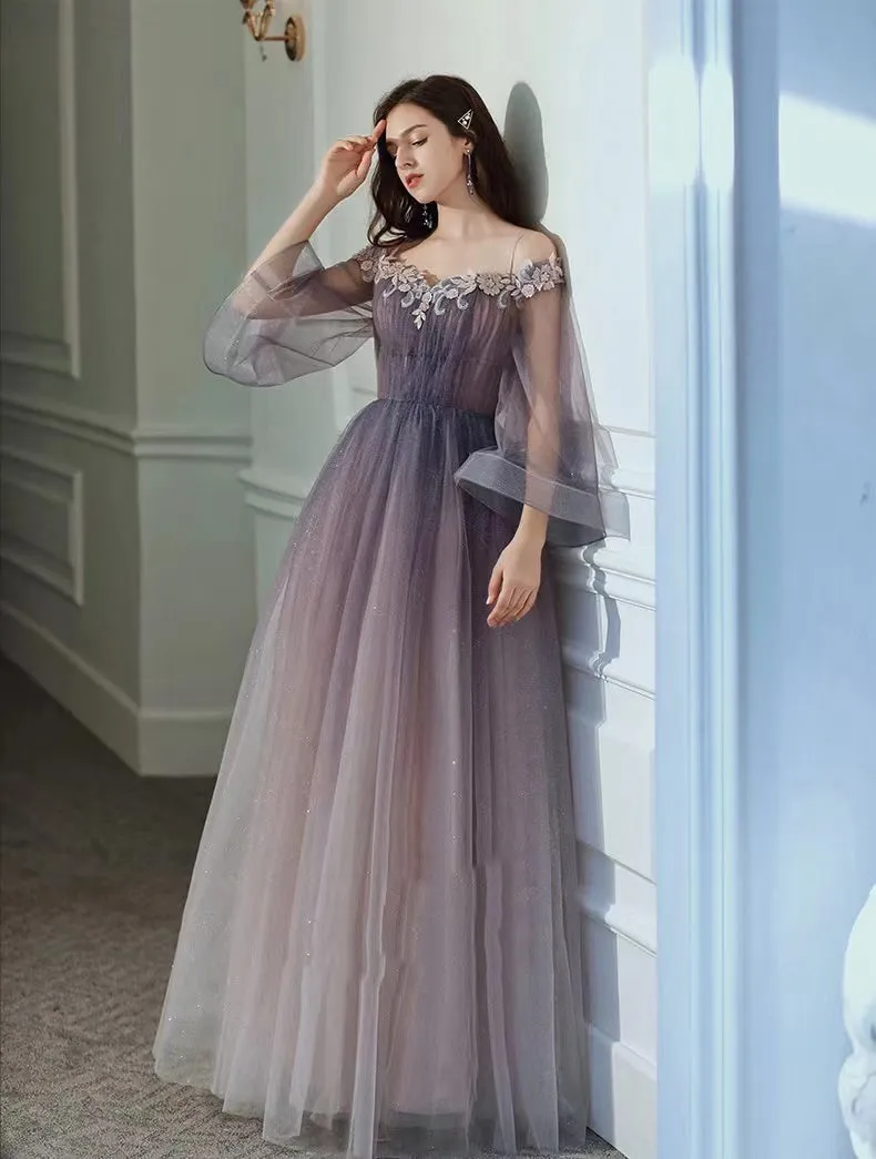 Solvbao Purple Gradient Tulle Long Sleeves Straps Prom Dress Party Dress, A-line Tulle Formal Dresses