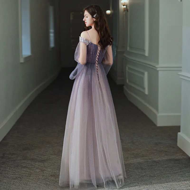 Solvbao Purple Gradient Tulle Long Sleeves Straps Prom Dress Party Dress, A-line Tulle Formal Dresses