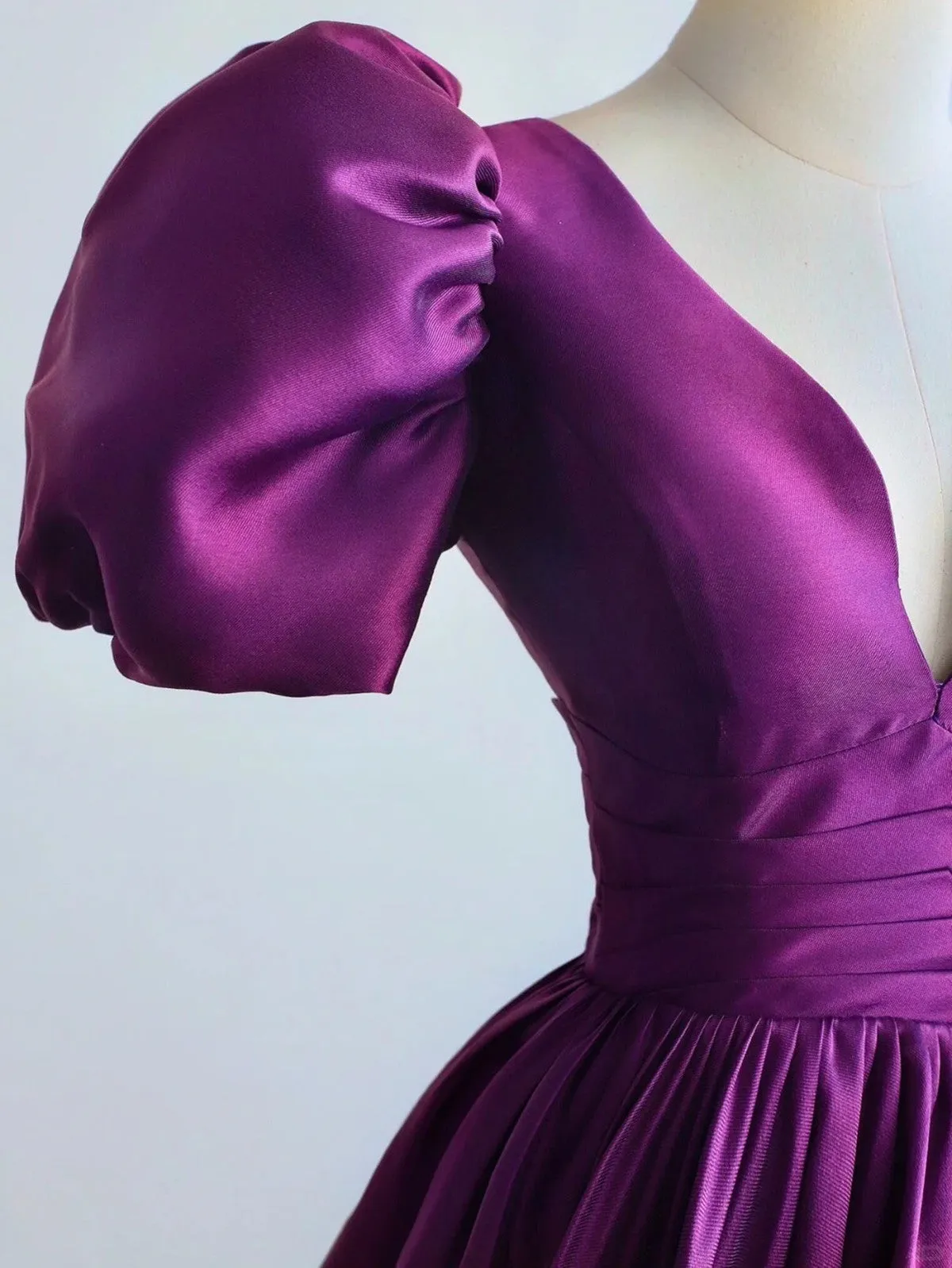 Solvbao Purple Satin Short Sleeves V-neckline Prom Dress, Purple Satin Evening Dress