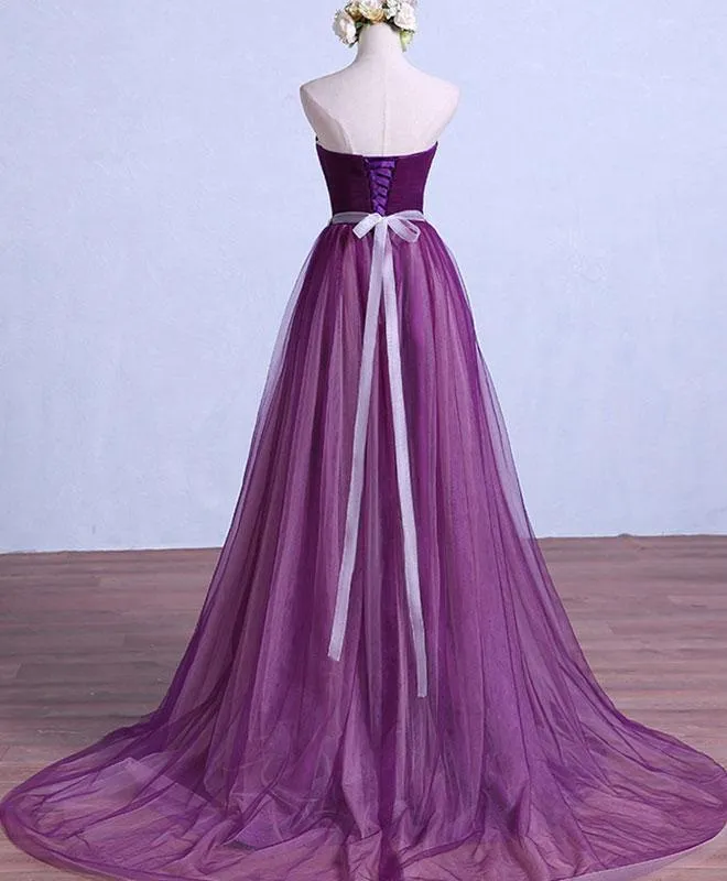 Solvbao Purple Tulle Sweetheart Long Wedding Party Dress with Belt, Purple Prom Dress Bridesmaid Dress