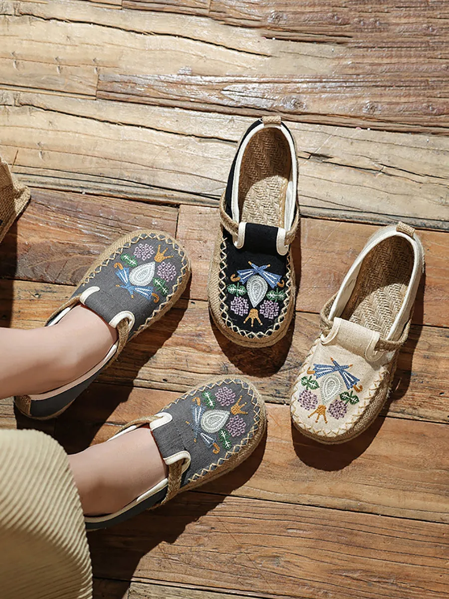 Women Summer Ethnic Flower Embroidert Spliced Shoes