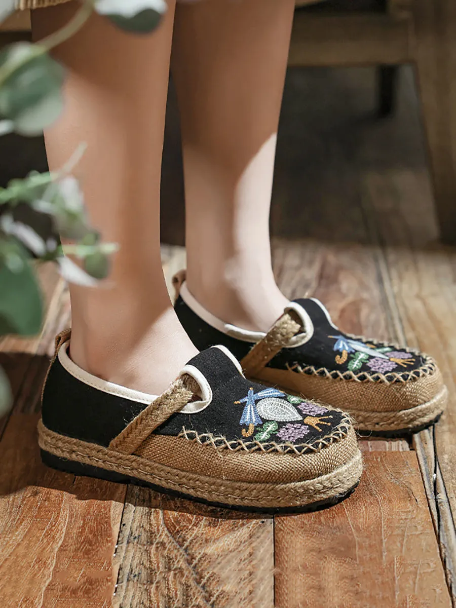 Women Summer Ethnic Flower Embroidert Spliced Shoes