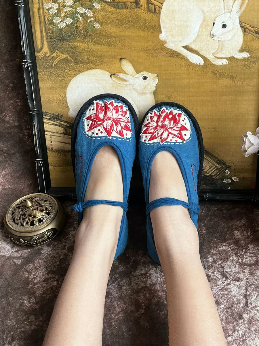 Women Summer Ethnic Lotus Print Cloth Shoes